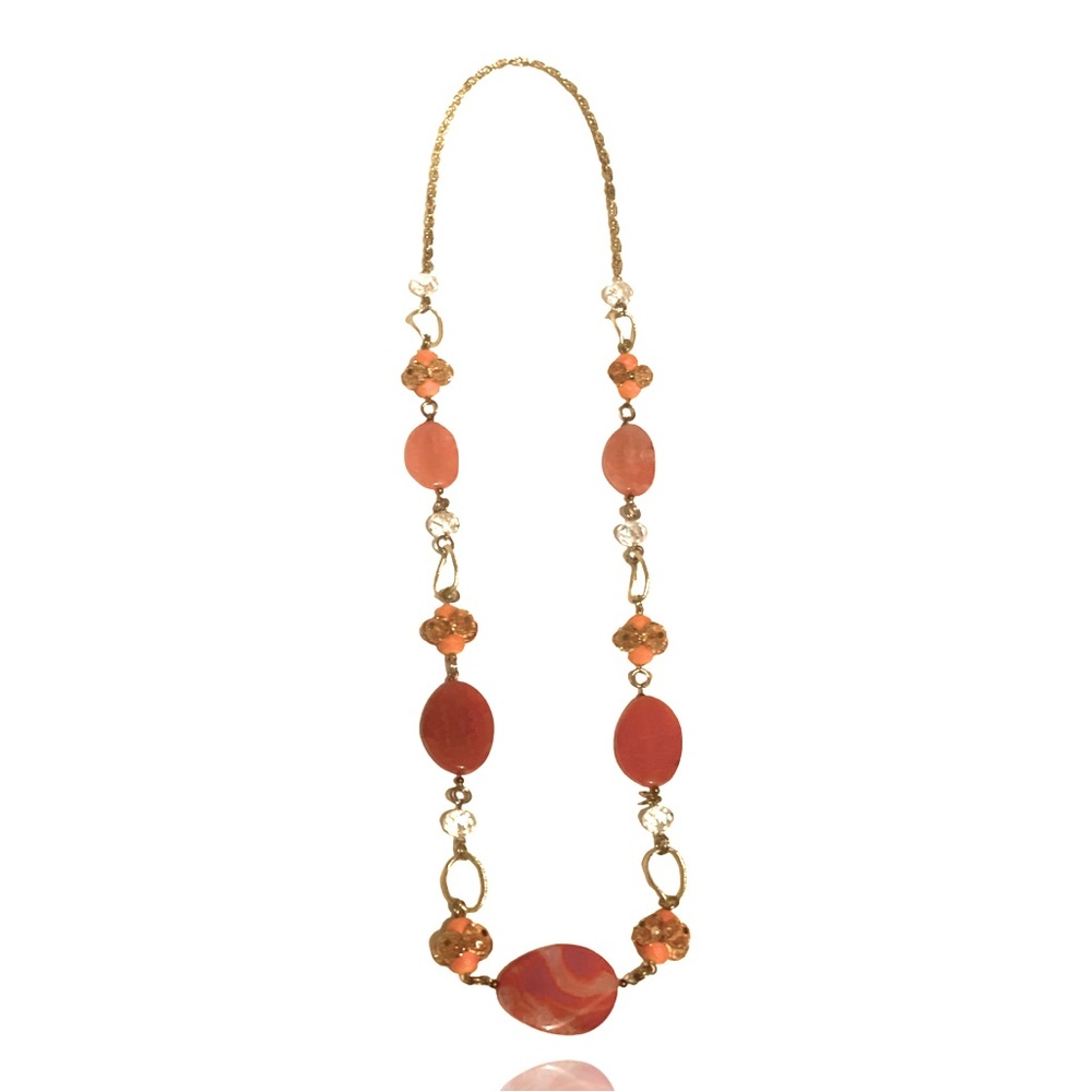 Orange And Antiqued Gold Tone Crystal and Agate Natural Stone Long Necklace
